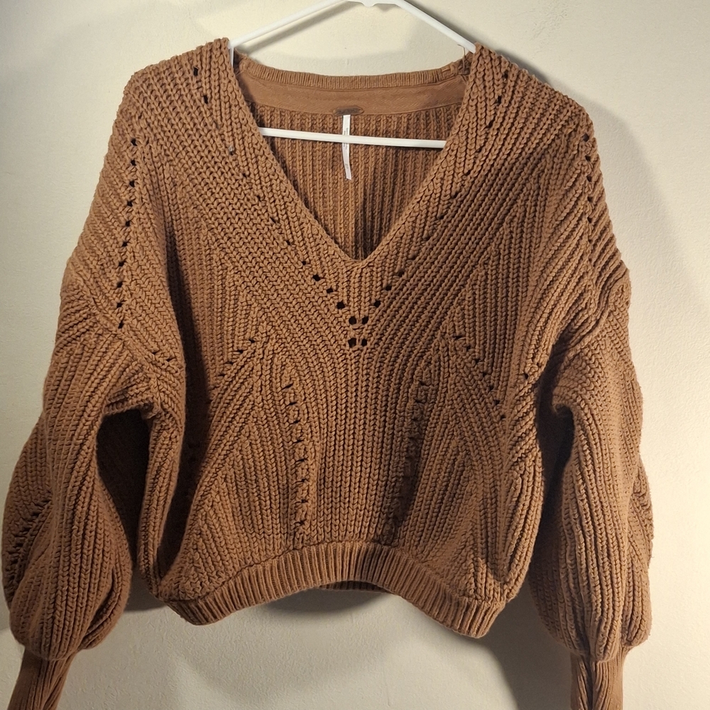 Free People Women's Brown Chunky Knit Oversized V-Neck Sweater Size XS